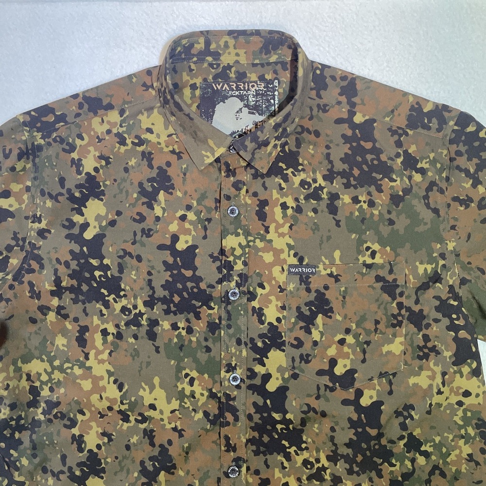 Warrior Camo Flecktarn Button‎ Up Shirt Mens Size L Short Sleeve Camouflage